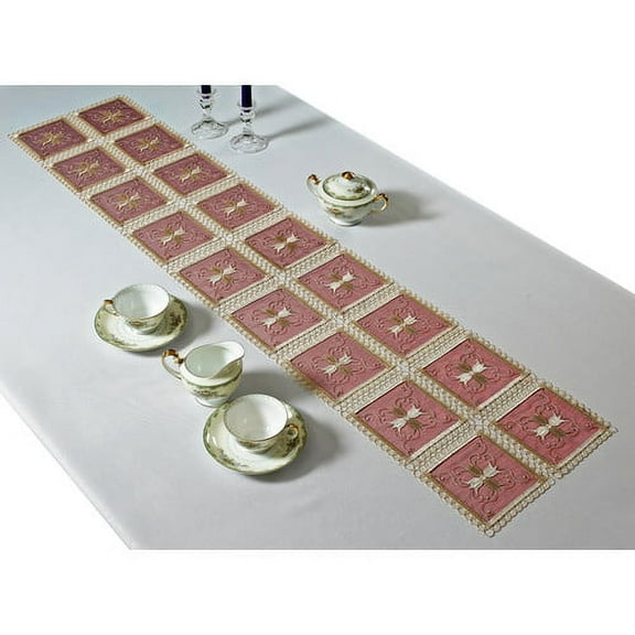 Violet Linen Blossom Embroidered Vintage Lace Table Runner