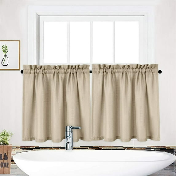 2 Pcs Tier Curtain, Rod Pocket Waterproof Waffle Weave Textured Small Curtain