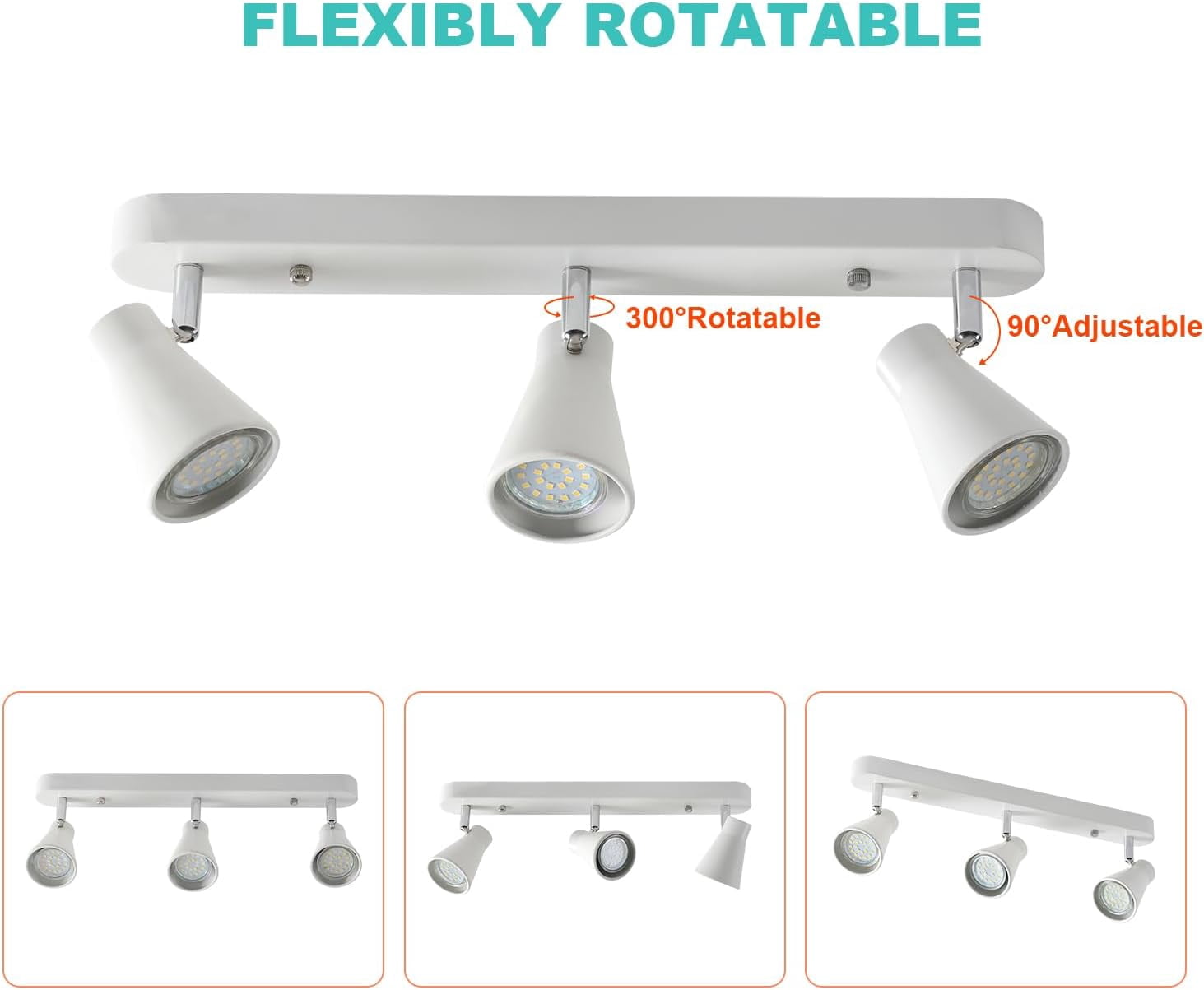 3-Light Track Lighting, White Wall Ceiling Fixture with Rotatable Heads, Bulbs Not Included