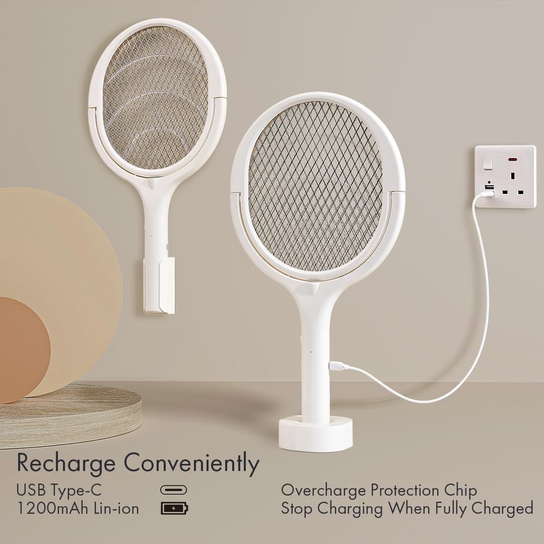 Rotating Head Electric Fly Swatter Racket Rechargeable Bug Zapper Racket Bug Zapper Indoor Fly Zapper Mosquito Zapper Flies Killer for Indoors, with a Telescopic Extension