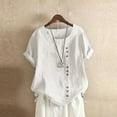 thumbnail image 4 of Women Shirts Cotton Linen Tops Short Sleeve Loose Classic Shirt Blouse O Neck Button Tees, 4 of 4