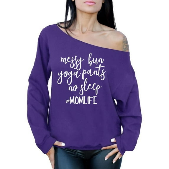 Awkward Styles Women's Messy Bun Yoga Pants No Sleep Momlife Hashtag Graphic Off Shoulder Tops Oversized Sweatshirt White