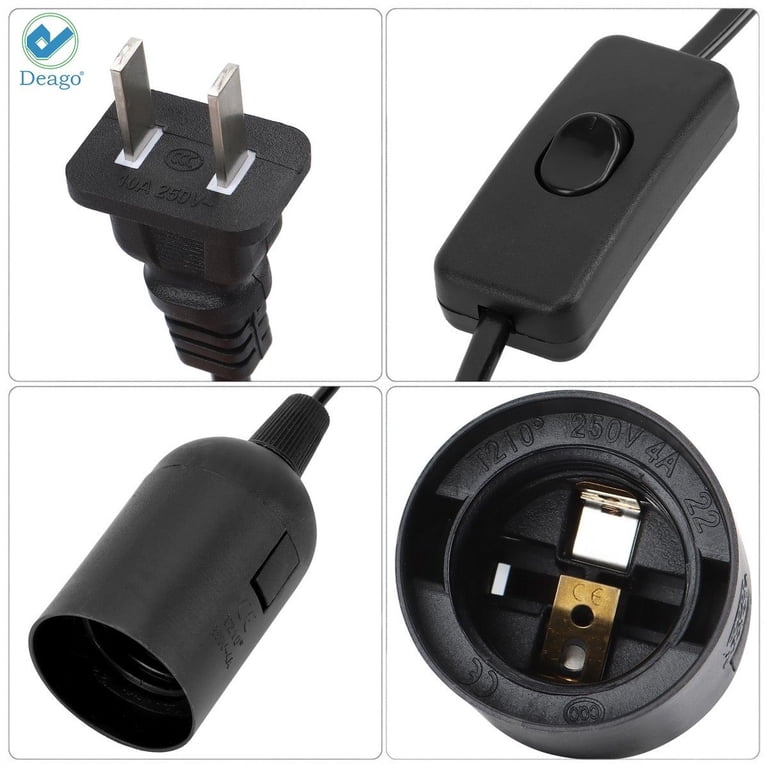 E26 Socket Lamp Cord With Dimmer Switch – 5.5FT, 120V 100W Max, Polarized Plug, Black With Tightening Ring For DIY Lighting