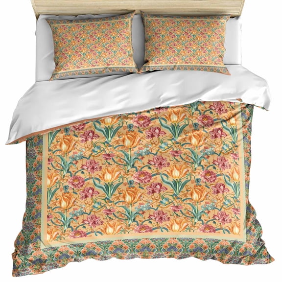 Beige Red Floral Boho Bedding 3 Piece Duvet Cover Set California King, Vintage Ethnic Tribe Abstract Art Microfiber Comforter Cover with Zipper Closure & Pillowcases, FadeResistant Quilt Cover
