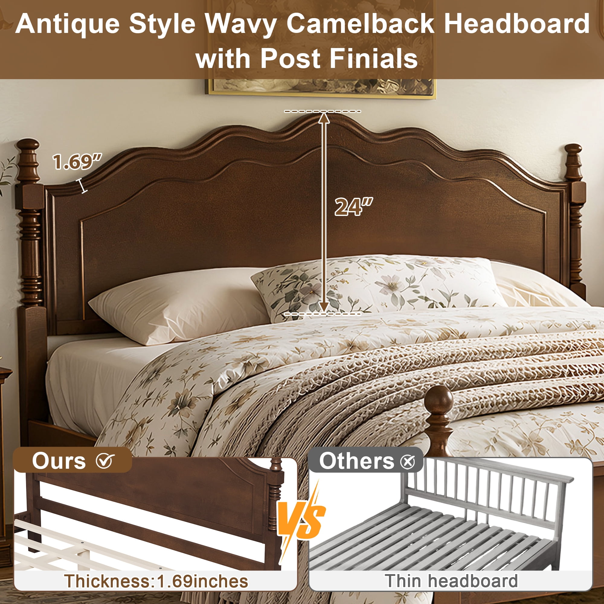 Euroco Wood King Size Platform Bed, Classic American Vintage Style Wood Bed with Curved Headboard, No Box Spring Needed, Espresso