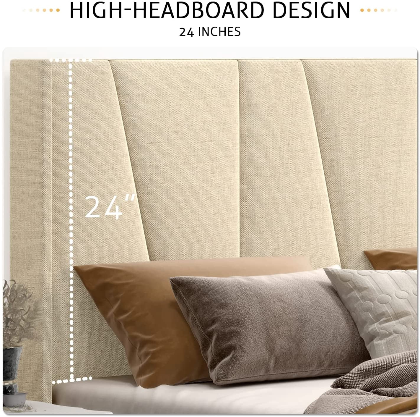 Sha Cerlin Queen Bed Frame, Upholstered Platform Bed with Wingback and Geometric Headboard, Beige