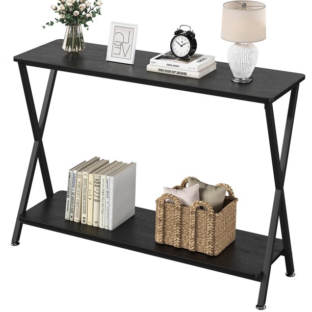 Yeshouse Mesa de entrada, mesa de exhibición industrial de dos niveles con estantes, mesa estrecha para pasillo, vestíbulo, sala de estar, dormitorio
