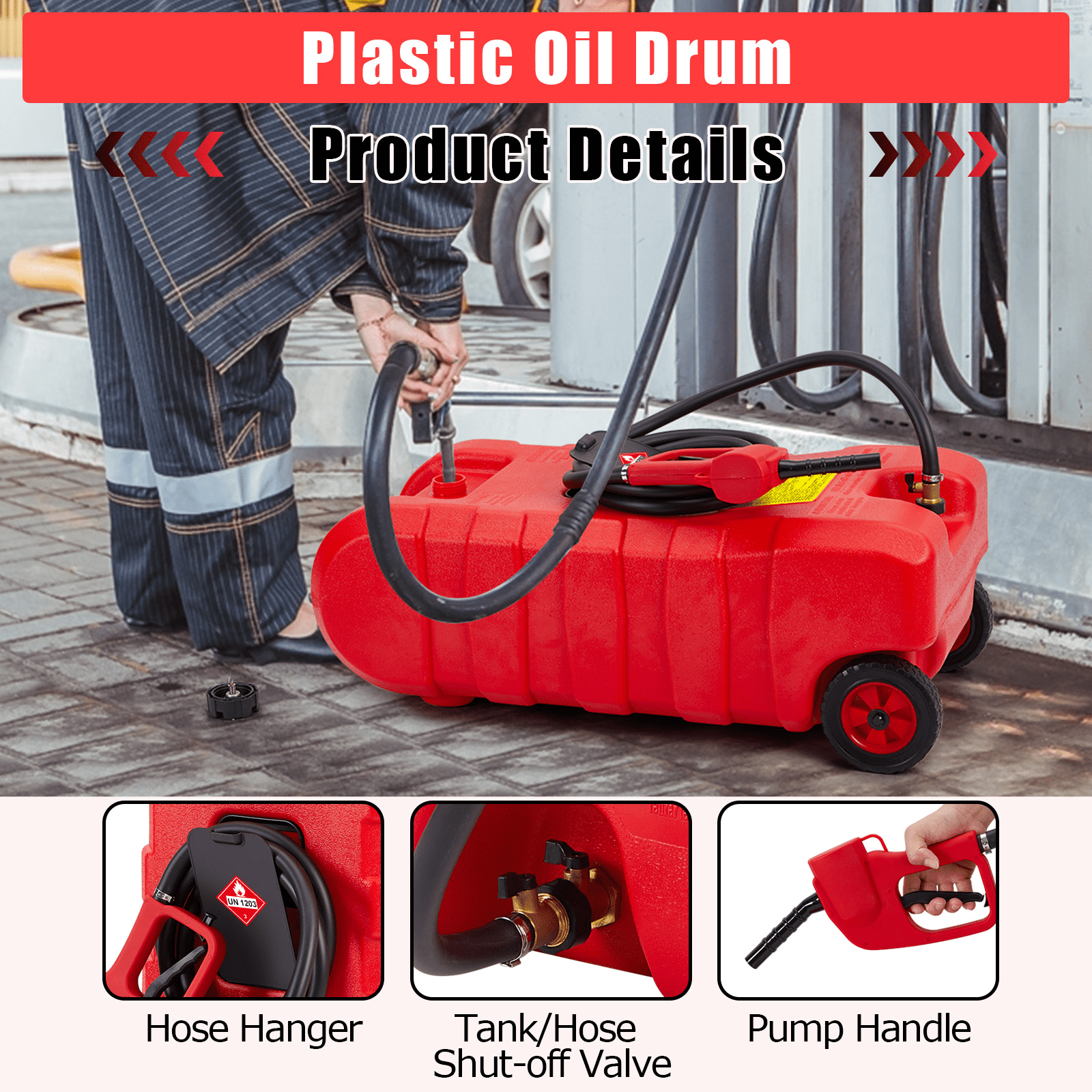 JoanKaren Industrial Portable Fuel Tank 15 Gallon Container Caddy Tank with 10-Foot Hose,Wheeled Utility Transfer Tank,Red