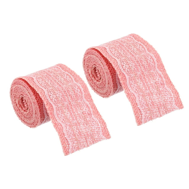 Unique Bargains 2.4' Wide 2.2 Yards Burlap Ribbon White Lace Roll Wrapping Fabric Crafts Roll Pink 2 Pack