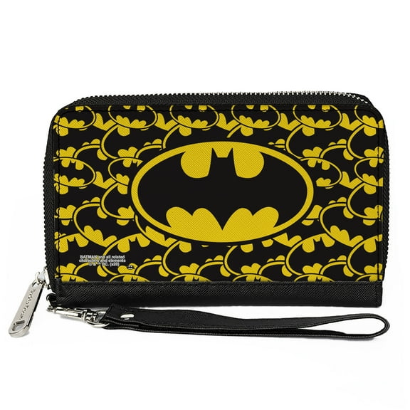 DC Comics Wallet, Zip Around, Bat Signal Centered Stacked Yellow Black, Vegan Leather
