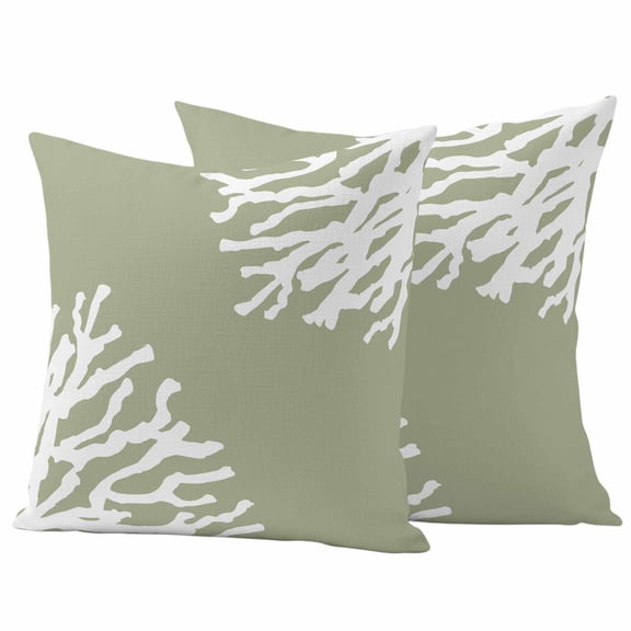 Coral Sage Green Outdoor Waterproof Pillow Covers, Coastal White Ocean Marine Nautical Beach Decorative Square Throw Pillowcase Sofa Cushion Sham for Patio/Couch/Chair, 16"x16" 2 Pack
