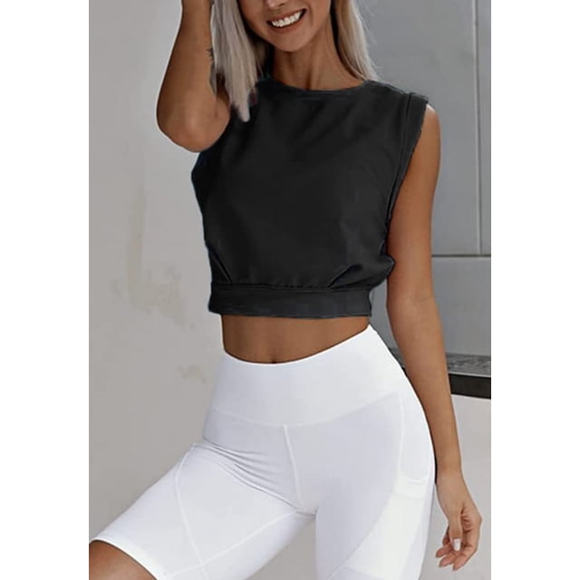 Camisetas sin mangas deportivas para mujer Camiseta corta de entrenamiento con cuello halter Camiseta de yoga y fitness