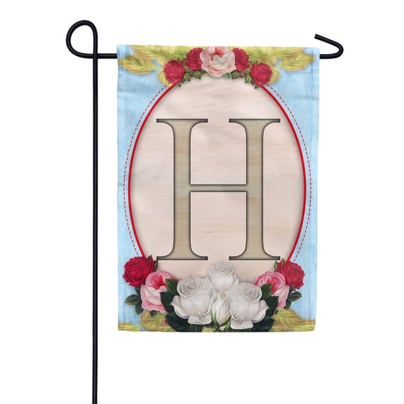 America Forever Spring Monogram Garden Flag Letter H 12.5 x 18 inches Double Sided Vertical Outdoor, Yard, Lawn, Beautiful Floral Design, White, Red, Pink Roses, Summer Flower Garden Flag