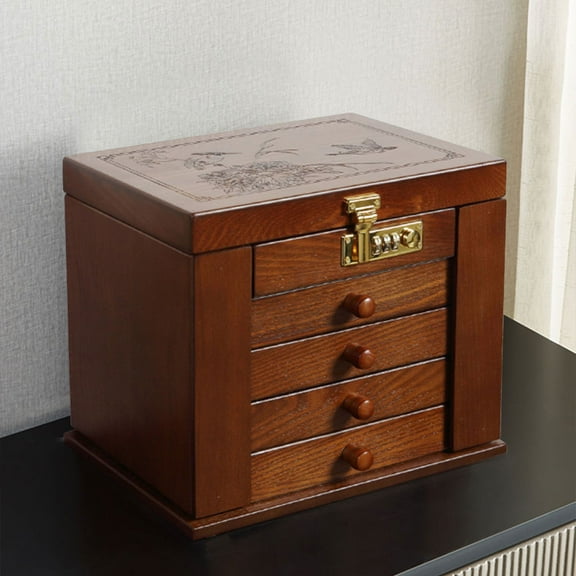 Peakora 5-Tier Wooden Jewelry Box with Velvet Compartments, Combination Lock, Swing-out Cabinets, and  Rustic Design for Safe Storage