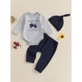thumbnail image 4 of Baby Toddler Boys Spring Outfits 1 3 6 Months Letter Tractors Embroidery Long Sleeve Rompers Pants Hat 3Pcs Clothes Set, 4 of 9