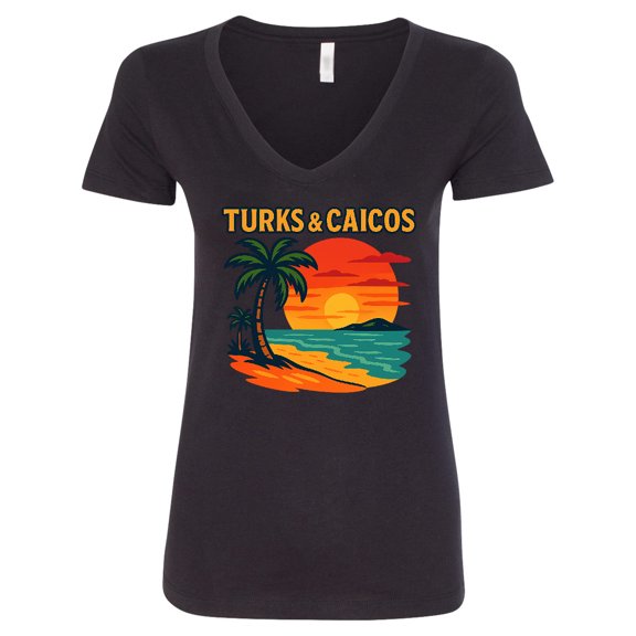 Inktastic Turks & Caicos Sunset Palm Tree Beach Scene Women's V-Neck T-Shirt
