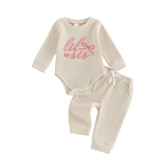Cjfdfy Newborn Baby Girl Little Sister Outfit Infant Baby Girls Spring Fall Winter Clothes 0 3 6 12 18 Months Lil Sis Letters Embroidery Waffled Long Sleeve Romper with Elastic Waist Long Pants Set