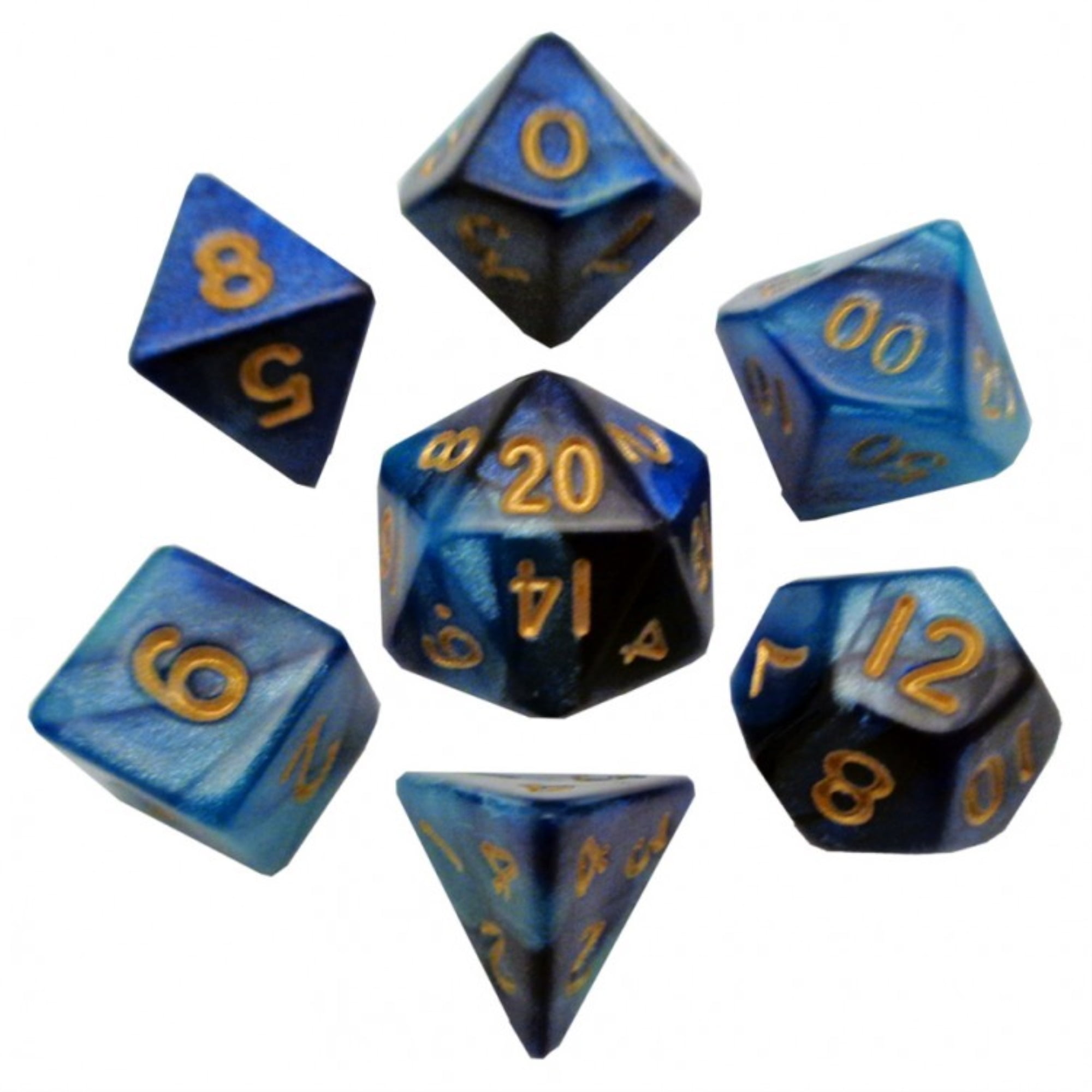 Blue and Light Blue Resin Dice with Gold Numbers 10mm (3/8in) 7-Dice Set Metallic Dice Games