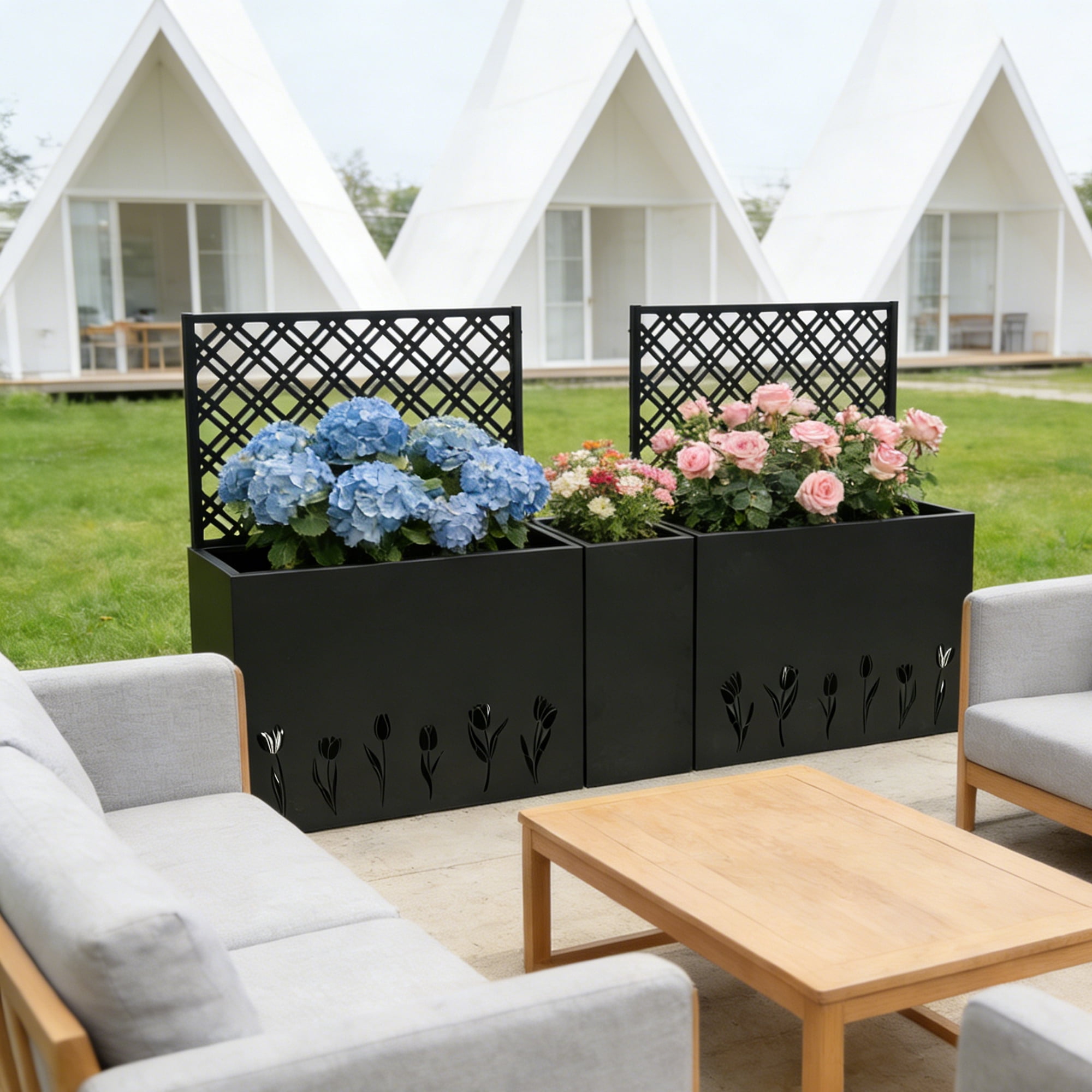 Mintazer Corner Metal Planter Box Set of 3 with Trellis & Tulip Pattern, Outdoor 47.3 in Raised Privacy Screen with Drainage Holes for Patio, Black