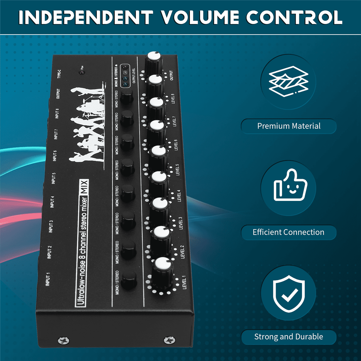 Professional 8-Channel Stereo Mixer Portable Sound Audio Mixer with Low-Noise Functionality for Recording Instruments,1 * Mixer 1 * Type-C Cable,Black