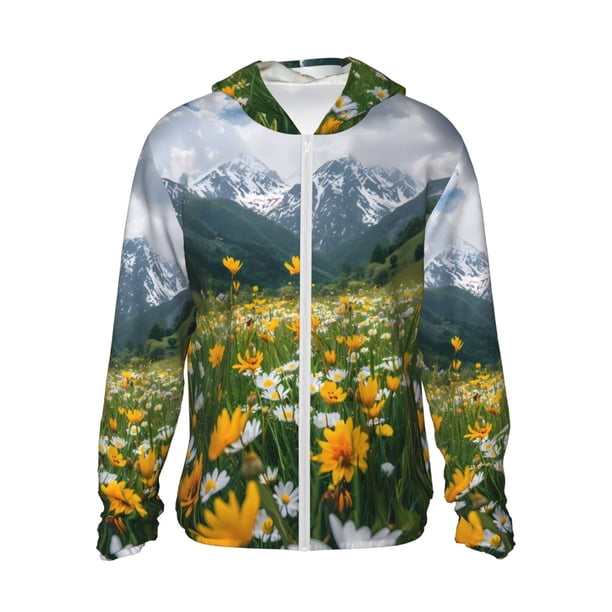 Fotbe Mountain Daisy Meadow Chaqueta con Protección Solar UPF 50+ para Hombre y Mujer, Camisa con Capucha y Bolsillos-Small