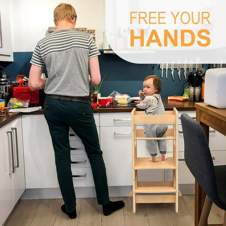 WOOD CITY Step Stool for Kids and Toddlers with Safety Rail Adjustable Height Step Stool Helper Standing Tower Learning Stool for Bathroom Kitchen