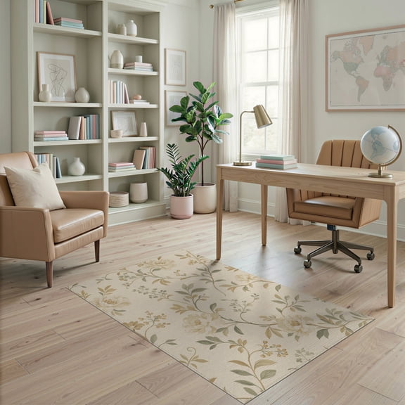 ODIKA 4'x6' Creamy Floral Elegance Vintage Garden Washable Area Rug Inspired by 18th Century Chinoiserie Frescoes for Dorm Room, Small Living Stain Resistant Low Profile, Easy Care