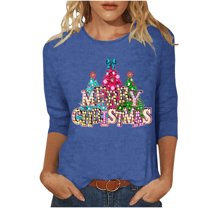 LbsKUS Women's Cute Merry Christmas Letter Shirts Glitter Xmas Gifts Graphic Tops Casual Crewneck Holiday T Shirts Funny 3/4 Sleeve Tops Blouses(Blue,XXL)