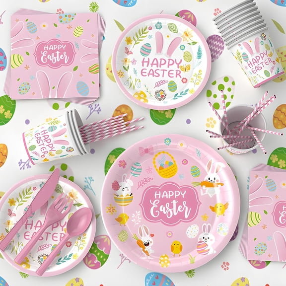 Easter Party Supplies, 129 Pcs of Easter Bunny Egg Themed Disposable Paper Plates Napkins Forks Dinnerware Set