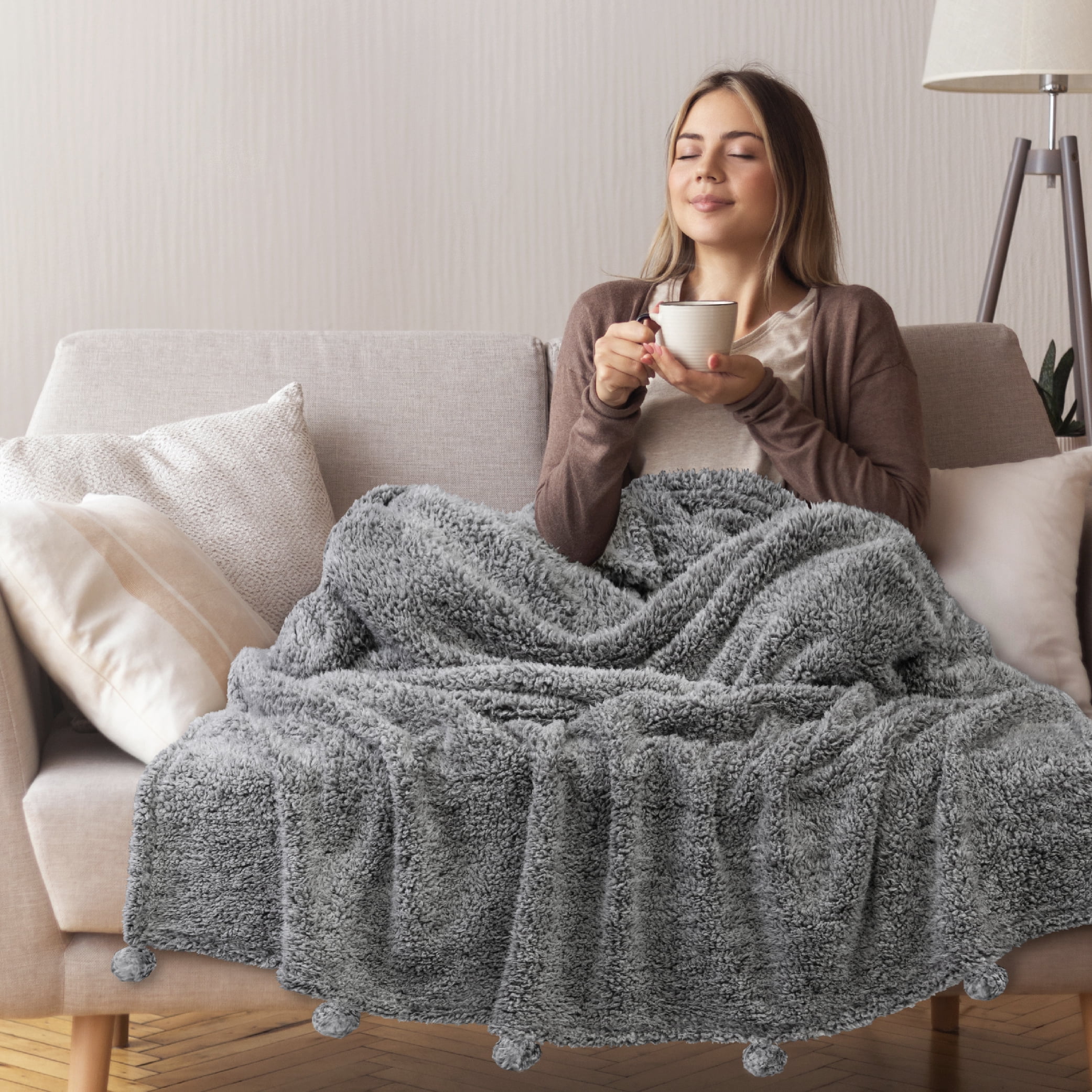Pavilia Gray Polyester Sherpa Throw, 50” x 60”