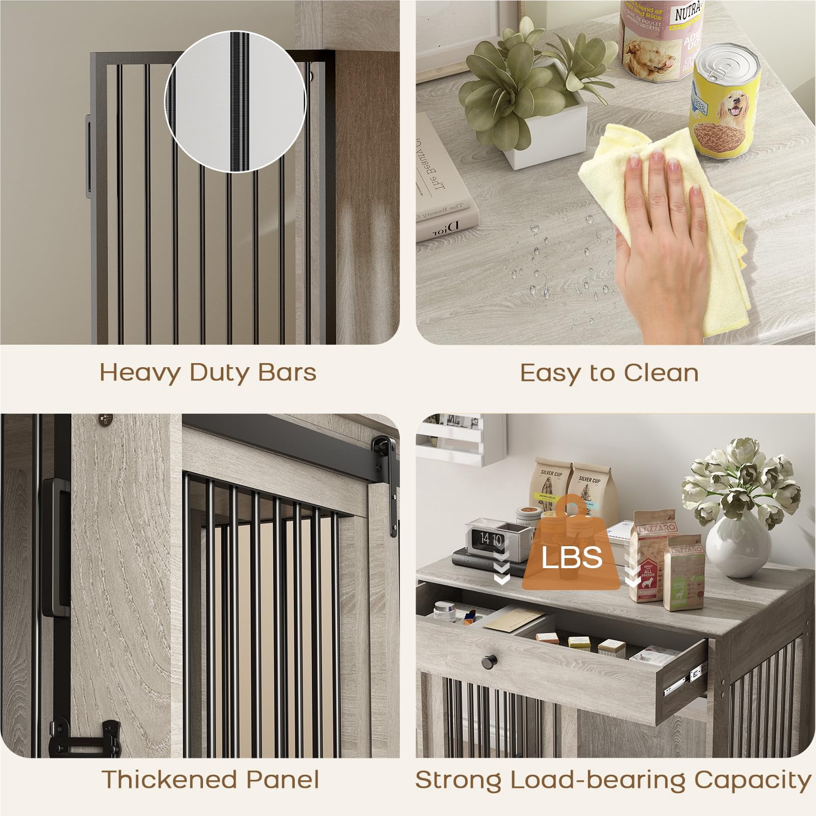 WHIFEA Modern Wooden Dog Crate Furniture with Sliding Barn Door & Side Access, Rotating Feeder Kennel for Medium-Large Dogs, Farmhouse Style, Grey