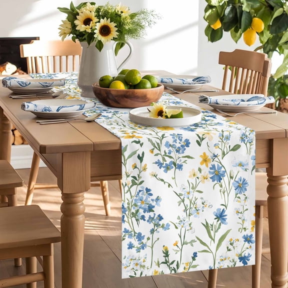 Spring Floral Table Runner, Blue Yellow Wildflower Green Leaves Rustic Washable Kitchen Table Runners Dress Scarves for Dining Table Decorations Party/Restaurant/Indoor Outdoor Use, 13x60in