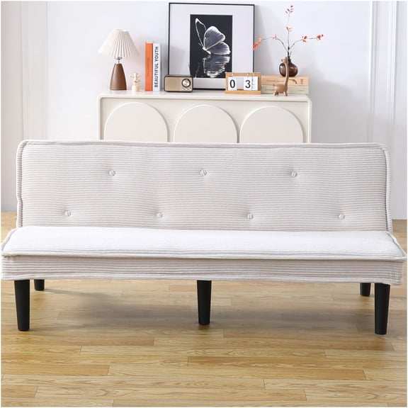 JERFIT 66" Beige Corduroy Convertible Sofa Bed for Small Spaces, 2-Seater Sleeper Couch with Storage Ottoman