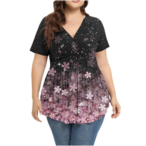 Camiseta de manga corta con encaje asimétrico recortado de talla grande para mujer a la moda con cuello en V OAVQHLG3B Store lin121212
