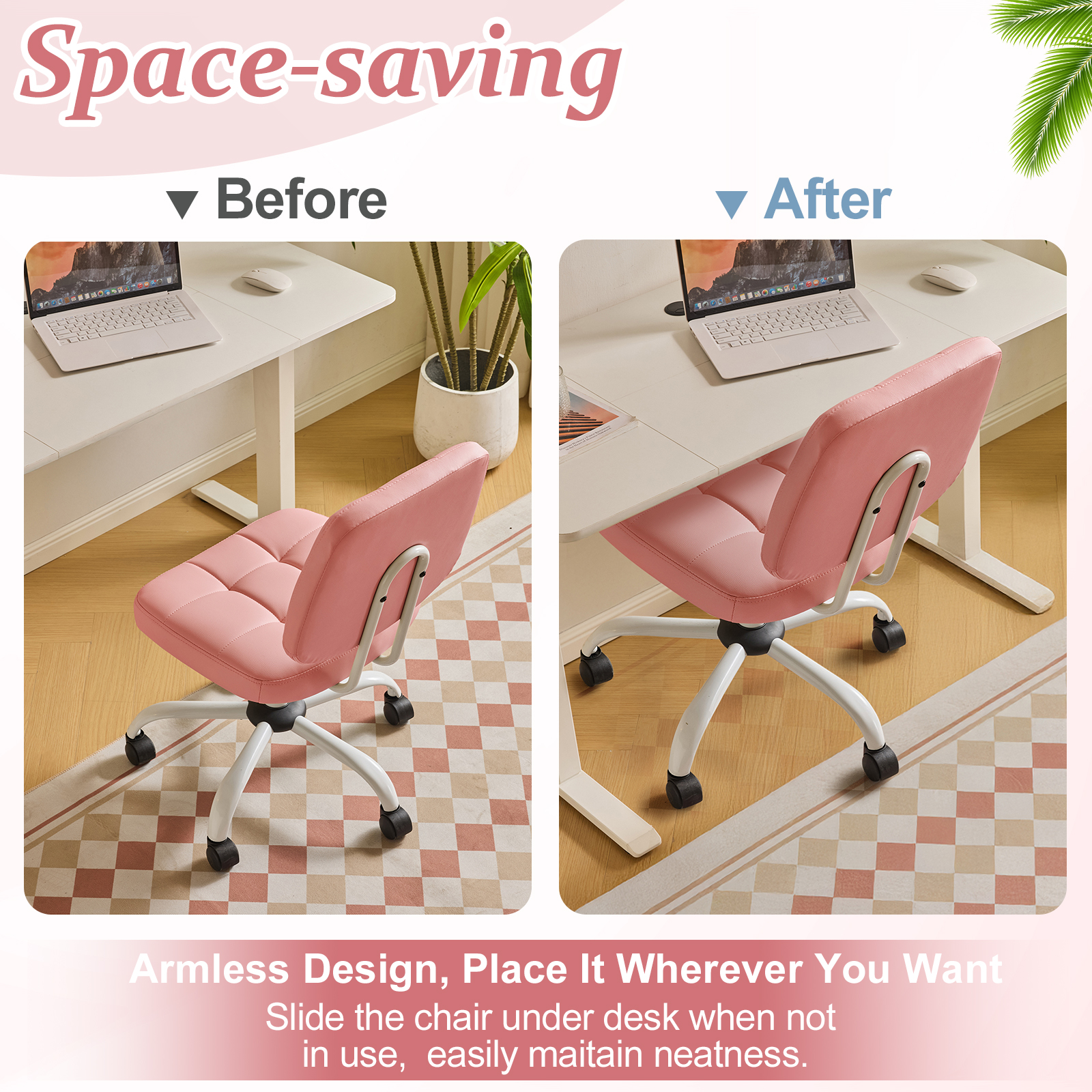 Ktaxon Armless Office Chair with Star Base PU Swivel Task Chair with 9-Grid Design for Study Room or Dressing Area Pink