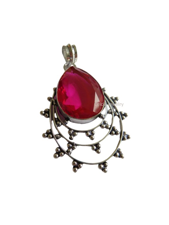 Solid 925 Sterling Silver Pendant For Men Women, Natural Pink Ruby Pear Gemstone Amazing Handcrafted July Birthstone Pendant