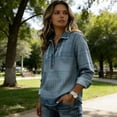 thumbnail image 7 of Women's Waffle Knit Denim Trim Collared Pullover Vintage Half Button Long Sleeve Casual Jean Tops, #02 Camel, S, 7 of 7