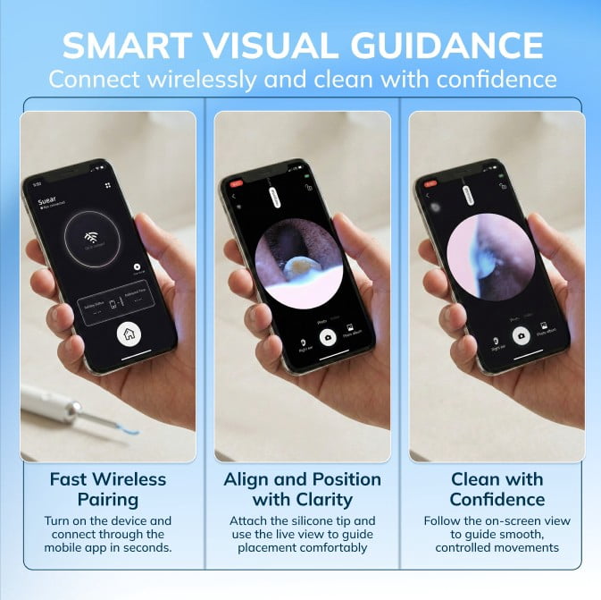 Swissker by Swissklip EarClix Electric Ear Wax Removal Kit with Camera – Pro HD LED Ear Cleaner – Wireless App Control – 3 Silicone Tips – Rechargeable Waterproof Otoscope Earwax Remover Tool