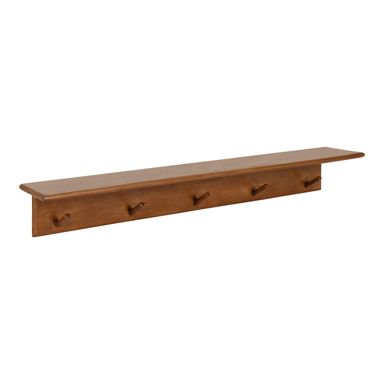 Kate and Laurel Alta Modern Wall Shelf with Hooks, 36 x 5 x 5, Walnut  Brown, Decorative Entryway Shelf with 5 Hanging Hooks 
