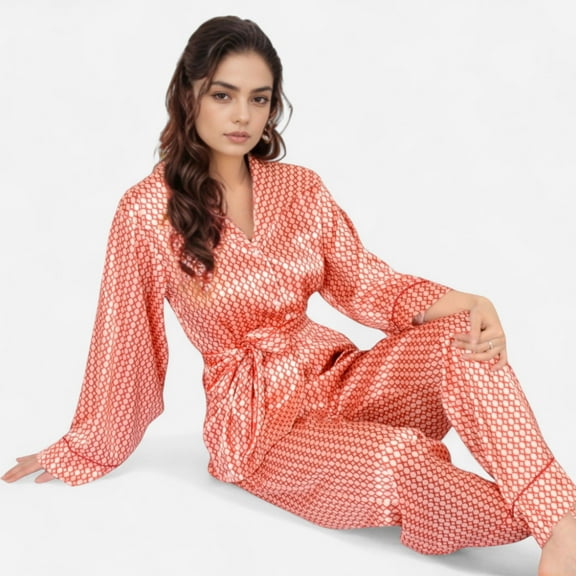 Women's Printed Satin Pajama Set with Long Sleeve Wrap Top Self-Tie Waist and Full-Length Relaxed Fit Lounge Pants - Red, Small