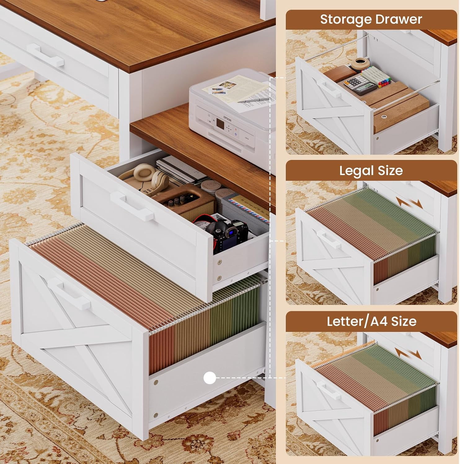Farmhouse Computer Desk with Power Outlets, Home Office Desk with Drawers & Monitor Stand, Corner Desk with Printer Stand & LED Lights, 55" White Desk Writing Desk Study Table for Small Space