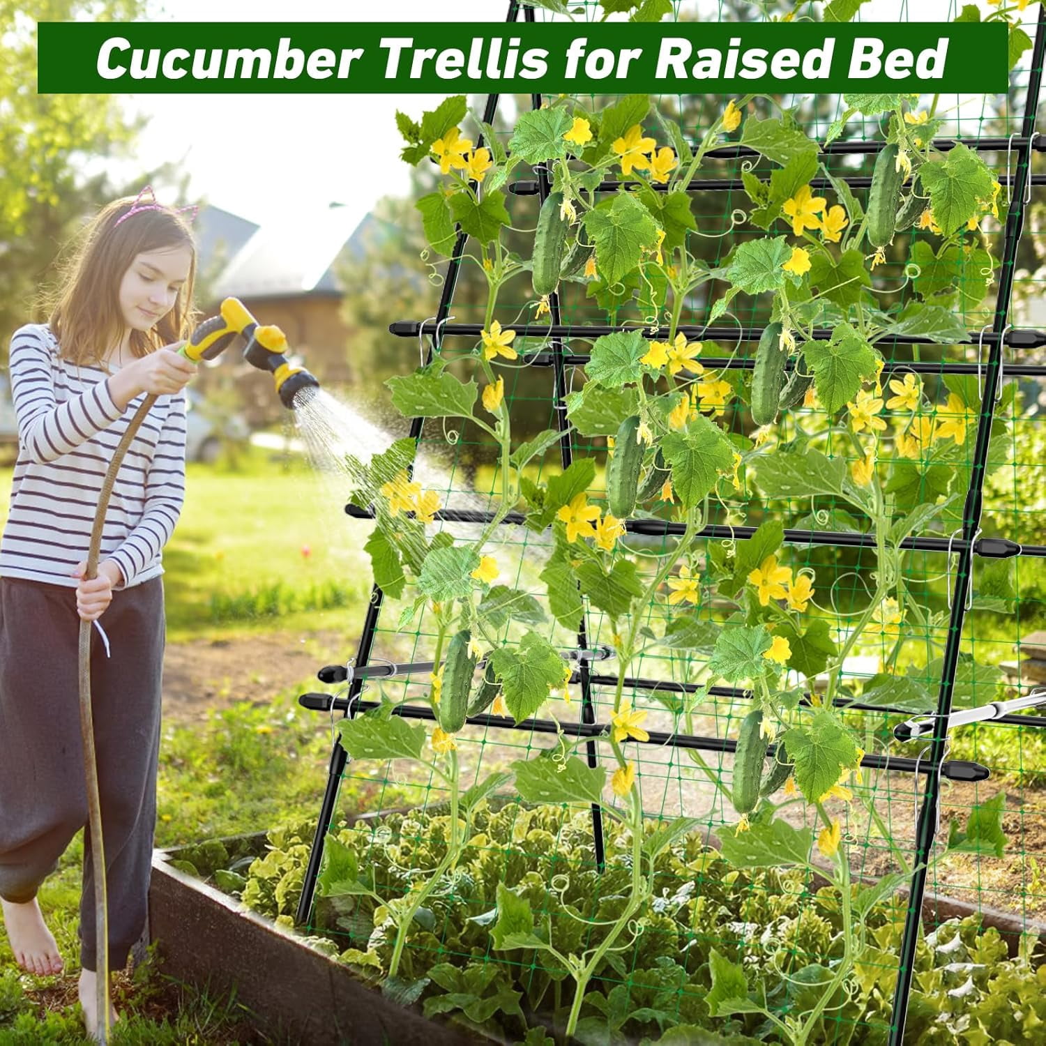 Sedeke 6ft Cucumber Trellis for Raised Bed, Garden Trellis for Climbing Plants Outdoor, A Frame Metal Trellis Support with Net for Vegetables Vines