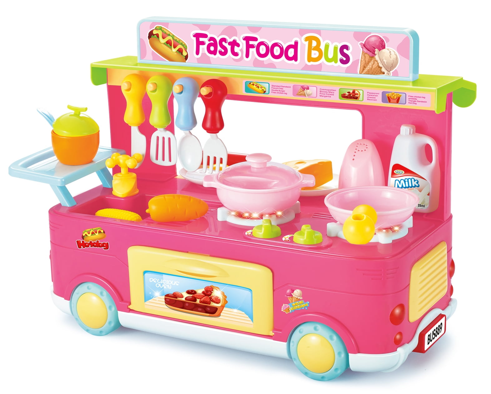 Fast Food Bus Kitchen Play Set Toy 29 pcs Pink or Blue .Playset makes realistic cooking sound and the stove can light up Fast Food Bus Kitchen Play Set Toy 29 pcs Pink or Blue .Playset makes realistic cooking sound and the stove can light up