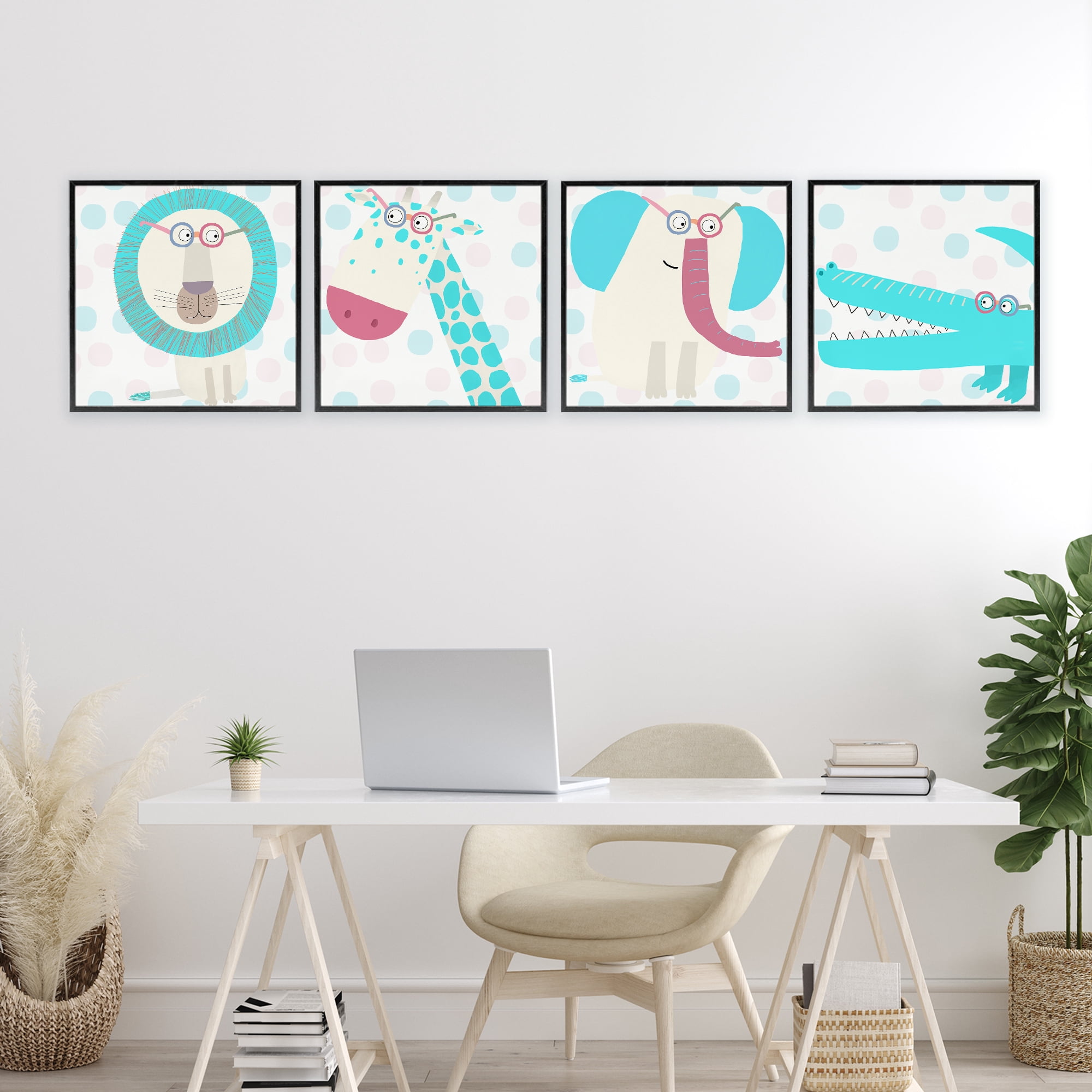 Stupell Industries Electric Blue Wild Animals 4 Piece Black Framed Giclee Art Set, design by Carla Daly