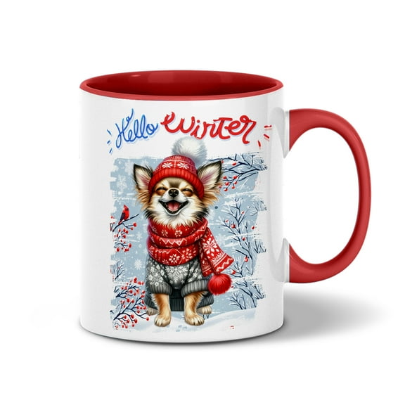 Hello Winter Chihuahua Smiling in Red Scarf Hat Welcome Christmas 11oz Accent Two-tone Mug Dog Lover Gifts Idea Coffee Tea Cup - 00017