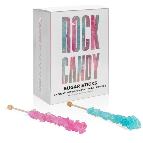 Candy Envy Light Blue and Light Pink Rock Candy Sugar Stick, 24 Count, Indiv. Wrapped