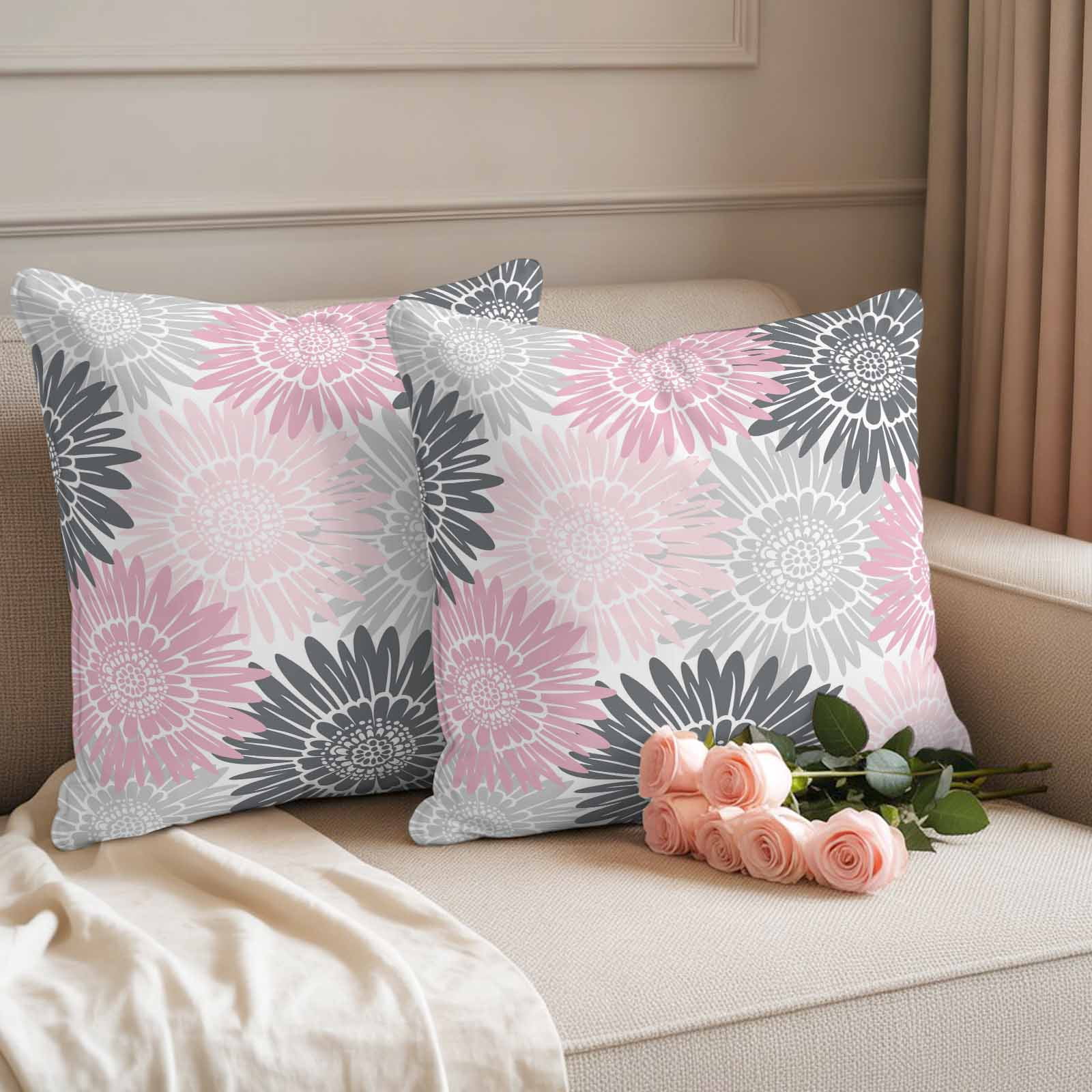 Pink Grey Sunflowers Outdoor Waterproof Throw Pillow Covers 18x18 Set of 2, Boho Rustic Floral Vintage Blossom Decorative Pillowcases Cushion Pillowcase for Couch Sofa Patio Outside Pillow Protector