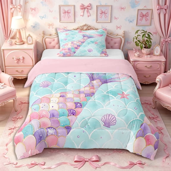 meiyoeat Glitter Watercolor Mermaid Tail Twin Comforter Sets 2pcs,Pastel Shell Starfish Print Bedding Set,Pink Aqua,Pink Reversible,1 Comforter and 1 Pillowcase