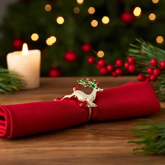 Feltree Christmas Napkin Rings with Bow, Wreath, Tree, Reindeer Designs in Gold Alloy for Holiday Table Decor