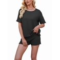 thumbnail image 2 of Women Loose Round Neck Casual Short Sleeve Shorts Knitted Suit Summer 2 Piece Soft Lounge Sets and Shorts Set Black XL, 2 of 9